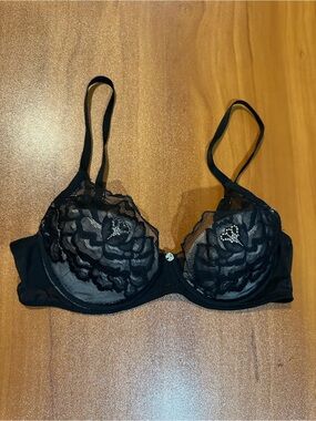 Natori 32C Black Sheer Lace Underwire Bra Floral Unlined Sexy Lingerie